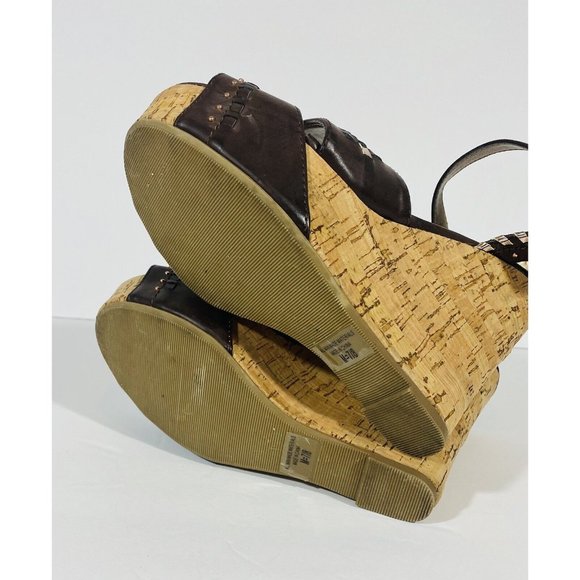 Rue21 Etc Shoes Wedge Open Toe Brown Sandal Wedge Heel Sz 7/8 Ankle Strap Studs - Picture 7 of 10